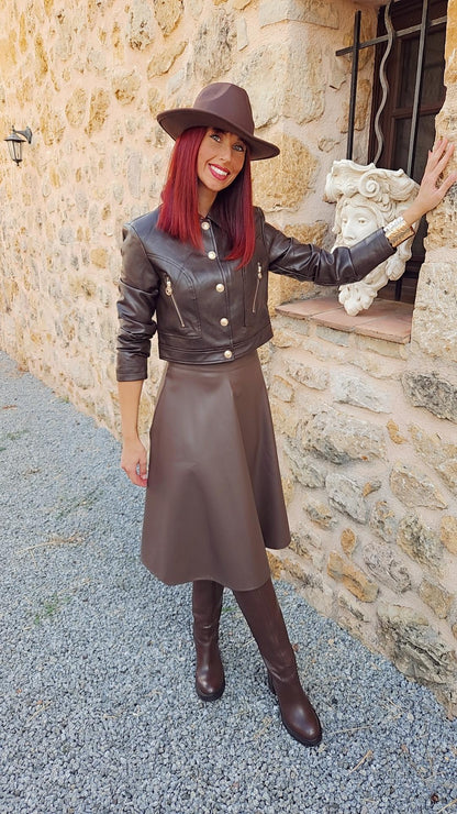 Jupe simili mi longue choco